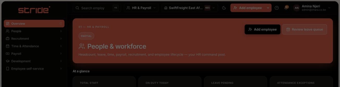 Stride business management platform — people, payroll, and finance dashboard