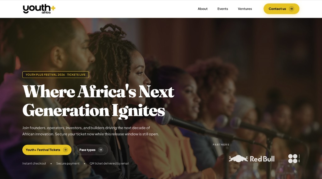 Youth+ Africa homepage at youthplusafrica.com — hero, tickets, and partner strip
